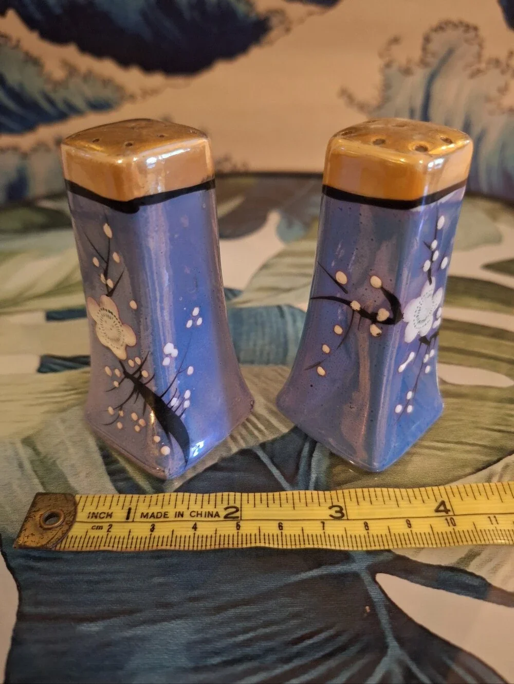 1970s Retro Lusterware Blue Floral Ceramic Salt & Pepper Shakers